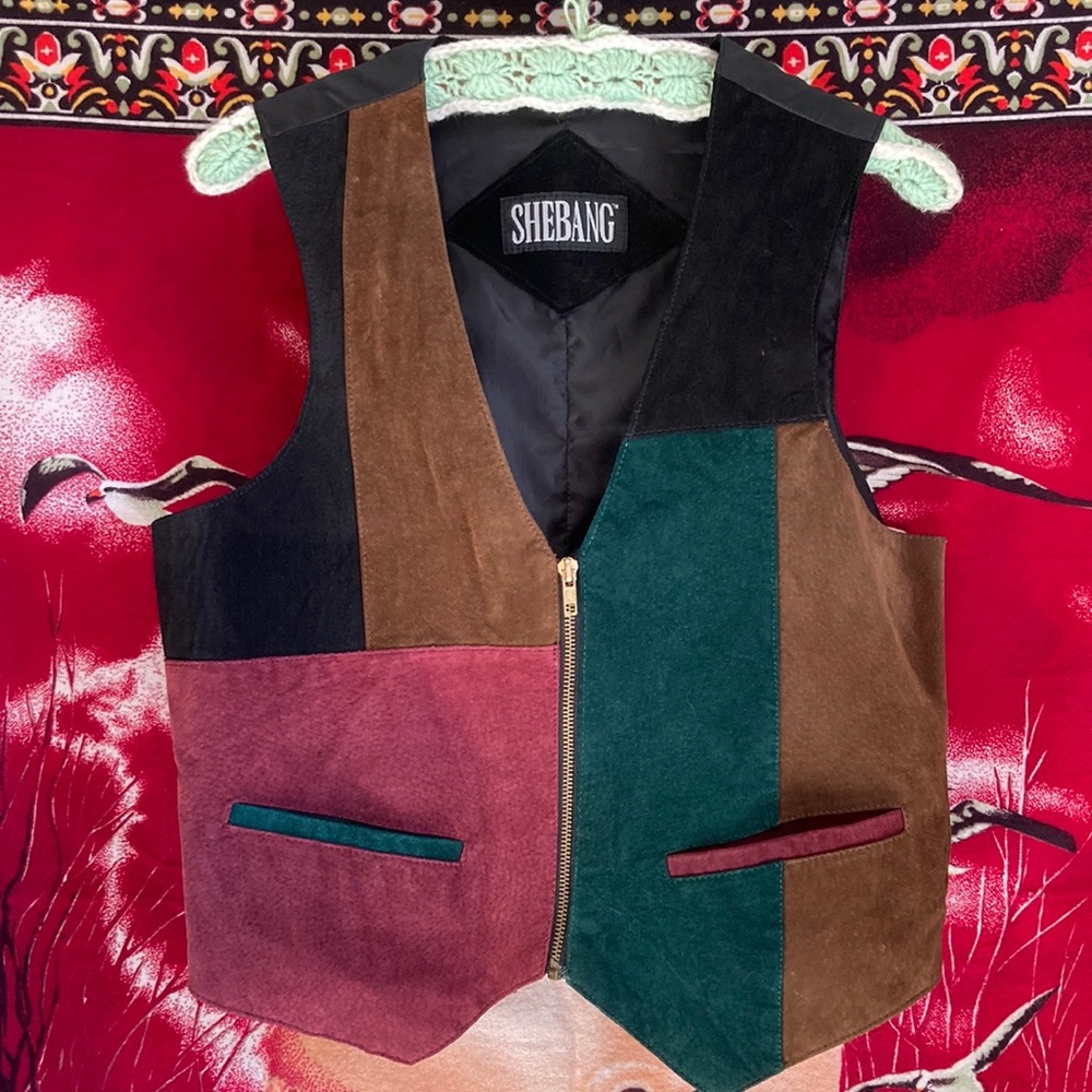 vintage 90s shebang patchwork leather zip up vest